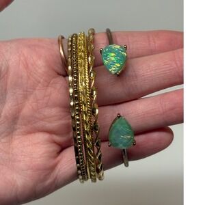 Gold Bronze Bangle Bracelet Set 5pc Faux Green Opal Cuff
